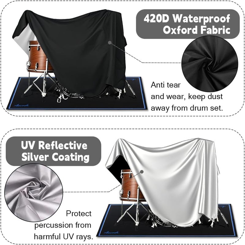 Aucuda Drum Set Covers Waterproof with Fix Strap Compatible with Drum Rug Mat, 8x6.6 ft Large 420D Oxford Cover for Electric Drum Kit, 88 Keys Piano Keyboard, Treadmill, Spinning, Apartment, Garage. - Image 5